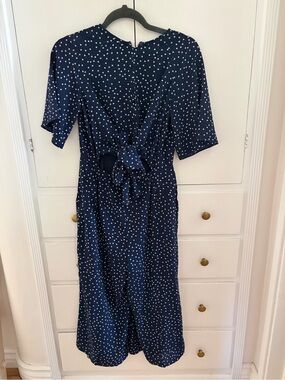 Glamorous Navy & White Polka Dot Overalls with Tie in front